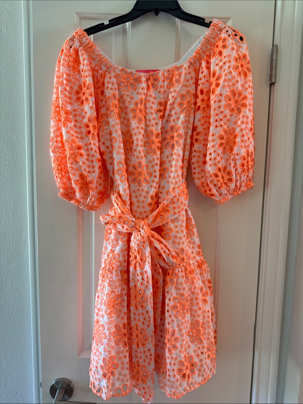 Lilly Pulitzer Orange and White Eyelet Floral Off-Shoulder Dress